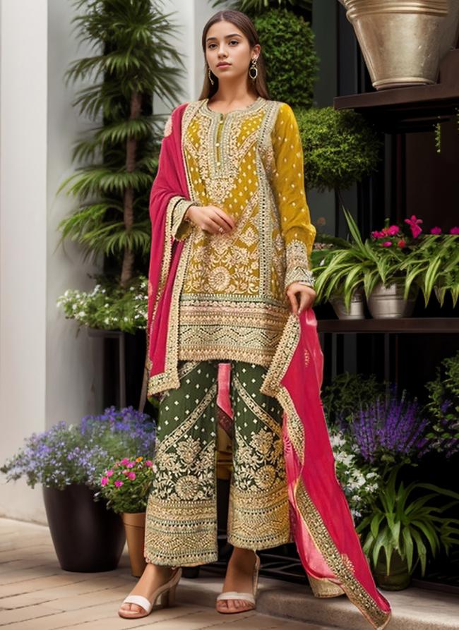 Silk Chinon Teal Yellow Wedding Wear Embroidery Work Pakistani Plazzo Salwar Kameez